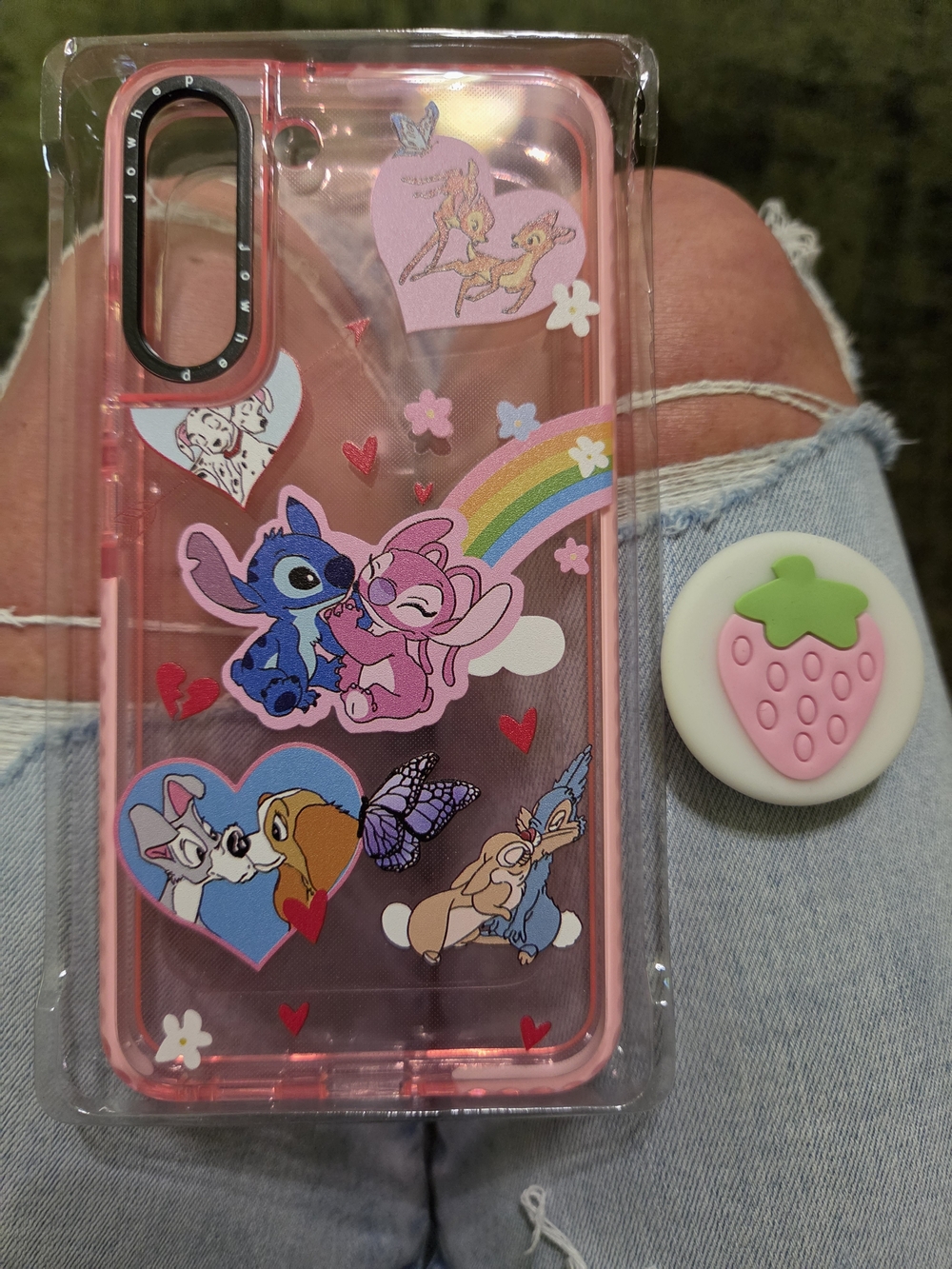 S22 Plus Cute Pink Cartoon Sticker Phone Case with Rainbow and Hearts
